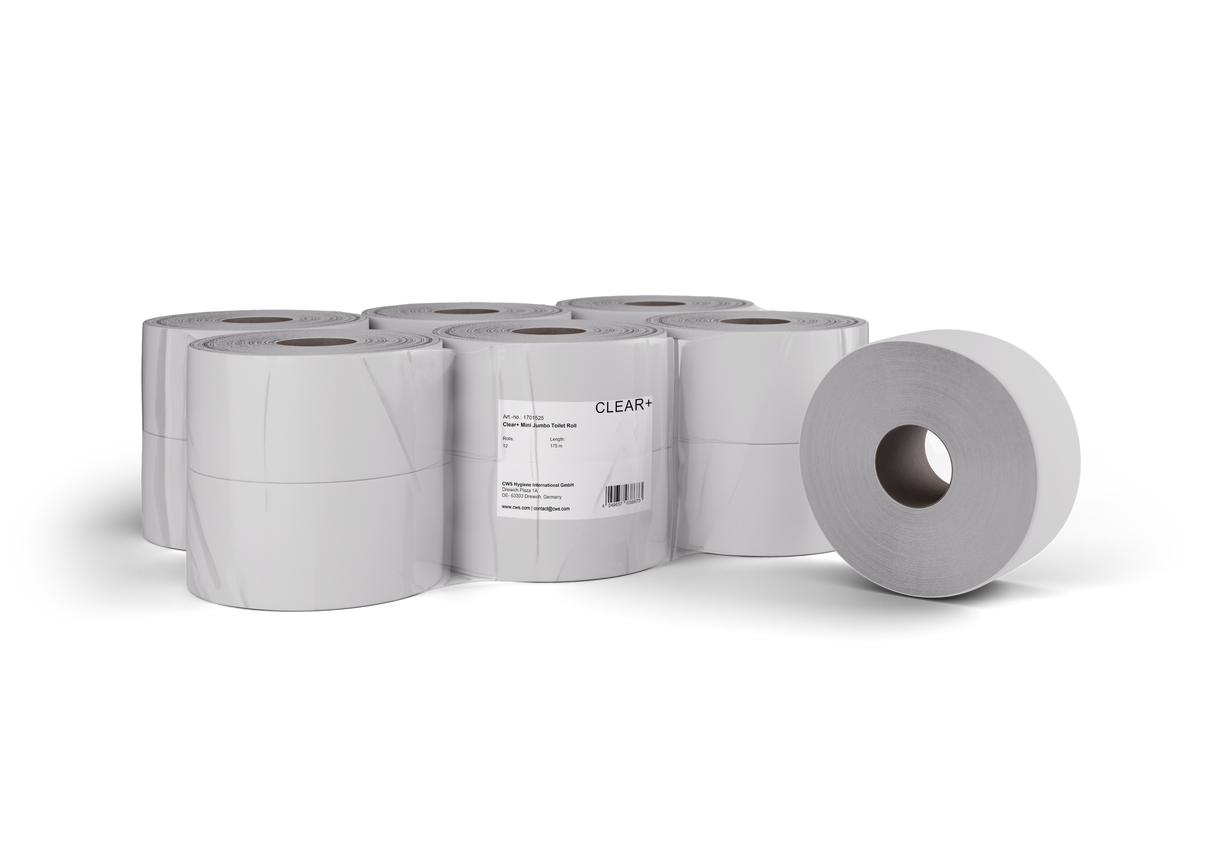CLEAR+ Toilettenpapier Mini Jumbo-Rollen, 2-lagig, 175m