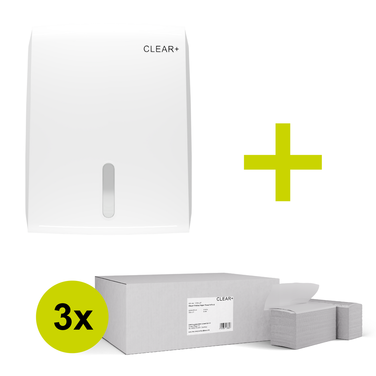 CLEAR+ Aktionsset | 3x Faltpapier Z-Falz + gratis Falthandtuchspender