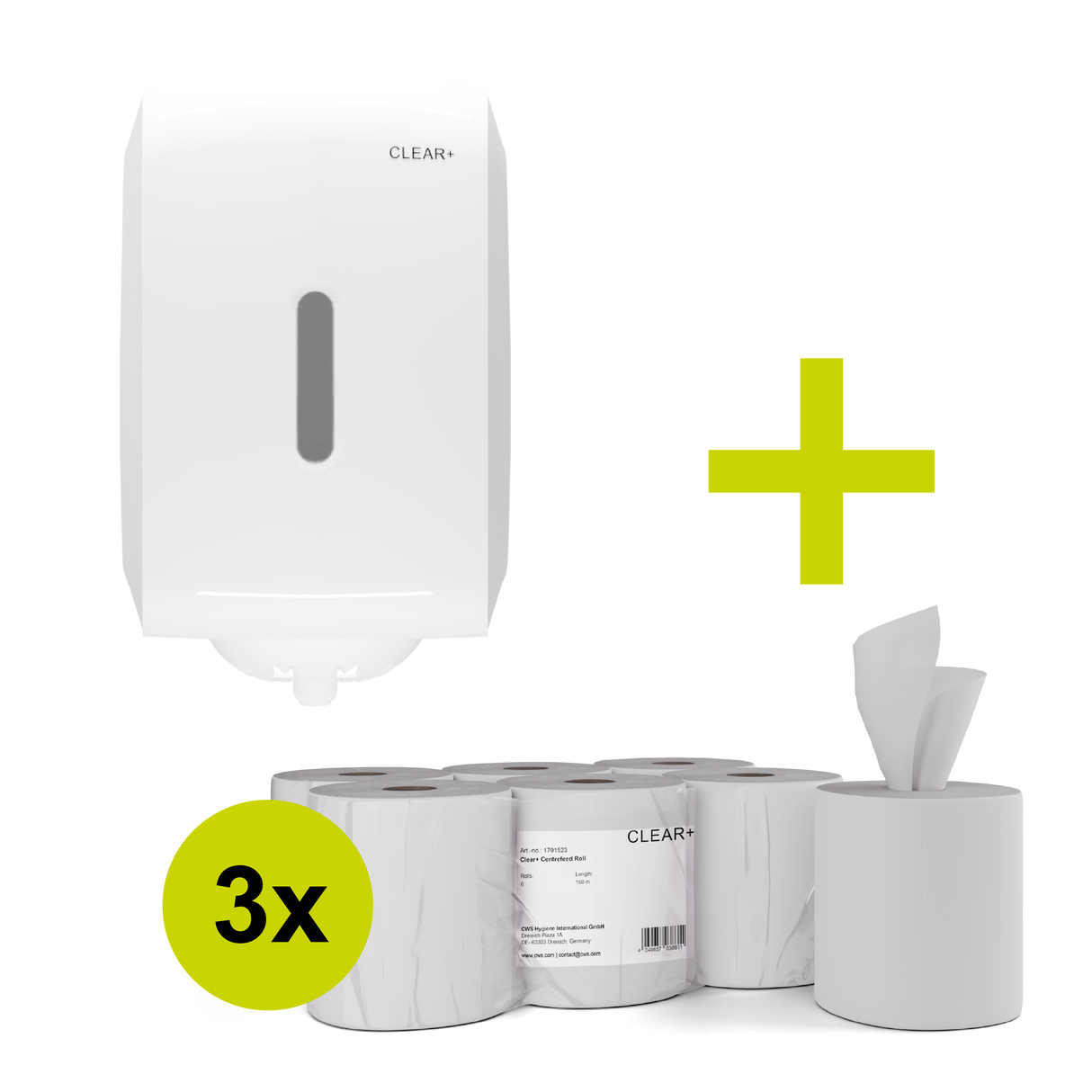 CLEAR+ Aktionsset | 3x Centerfeedrollen + gratis Centerfeed Handtuchspender